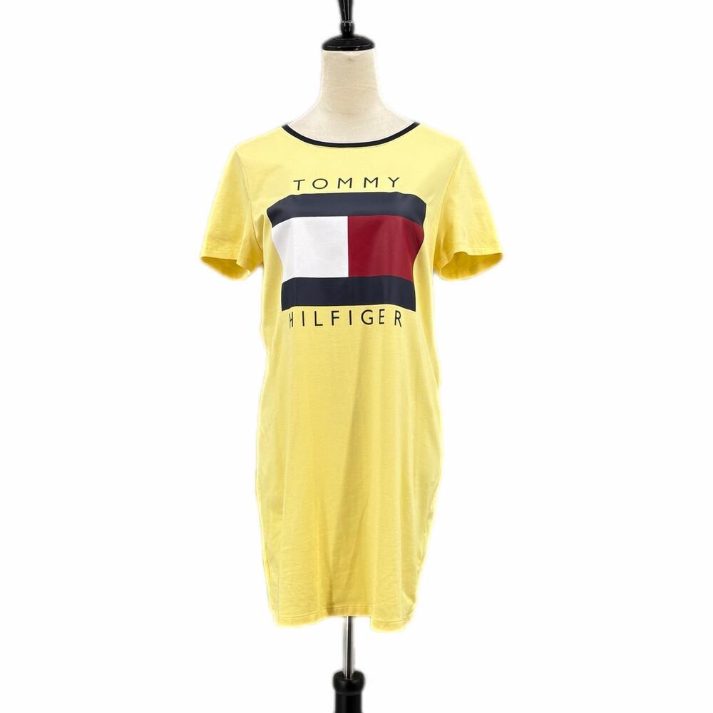 Tommy Hilfiger NEW Graphic Logo Yellow T-shirt Knit Mini Short Sleeve 90s Dress